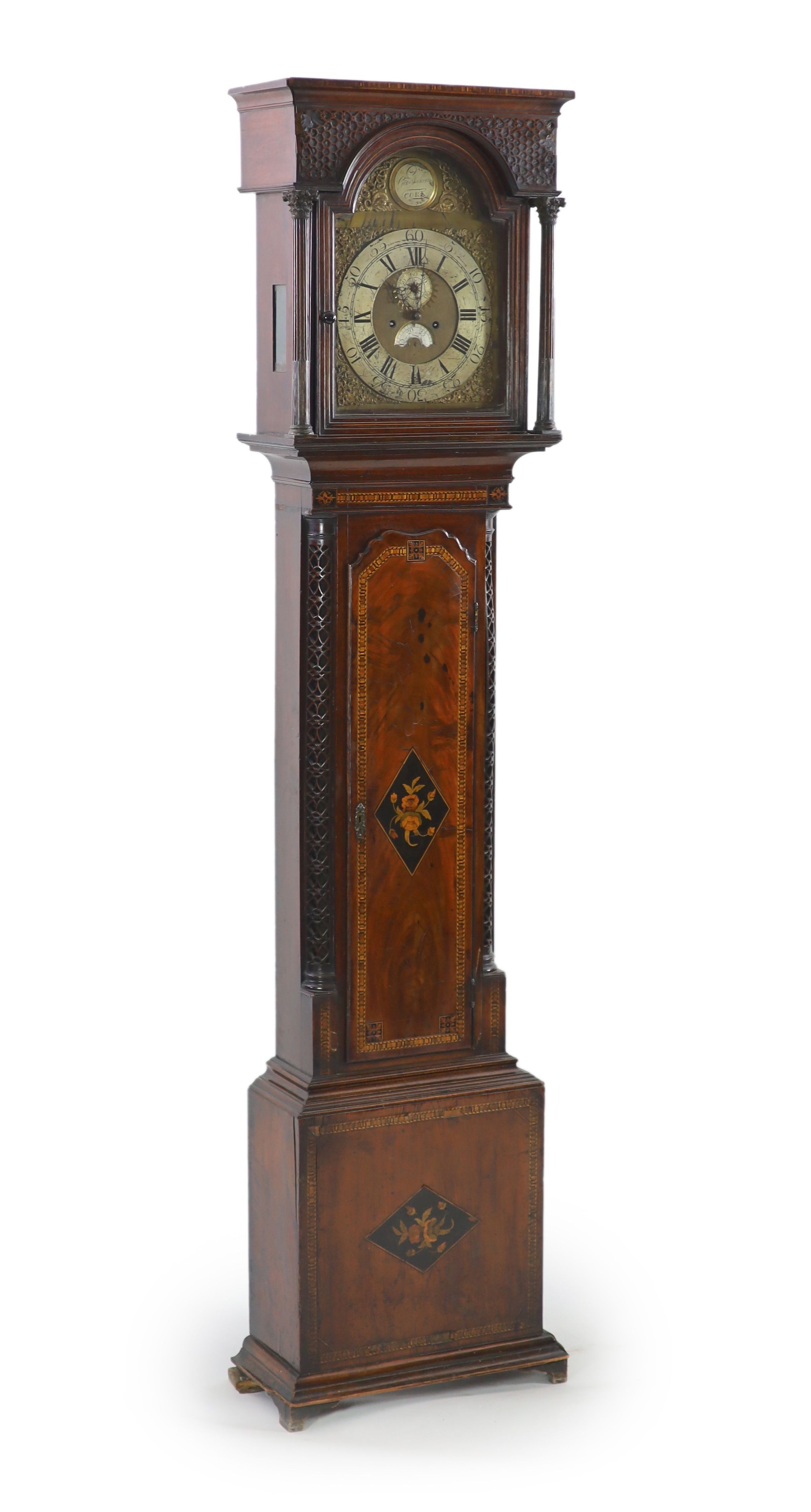 George Aickin of Cork. A George III inlaid mahogany eight day longcase clock, W.57cm H.236cm